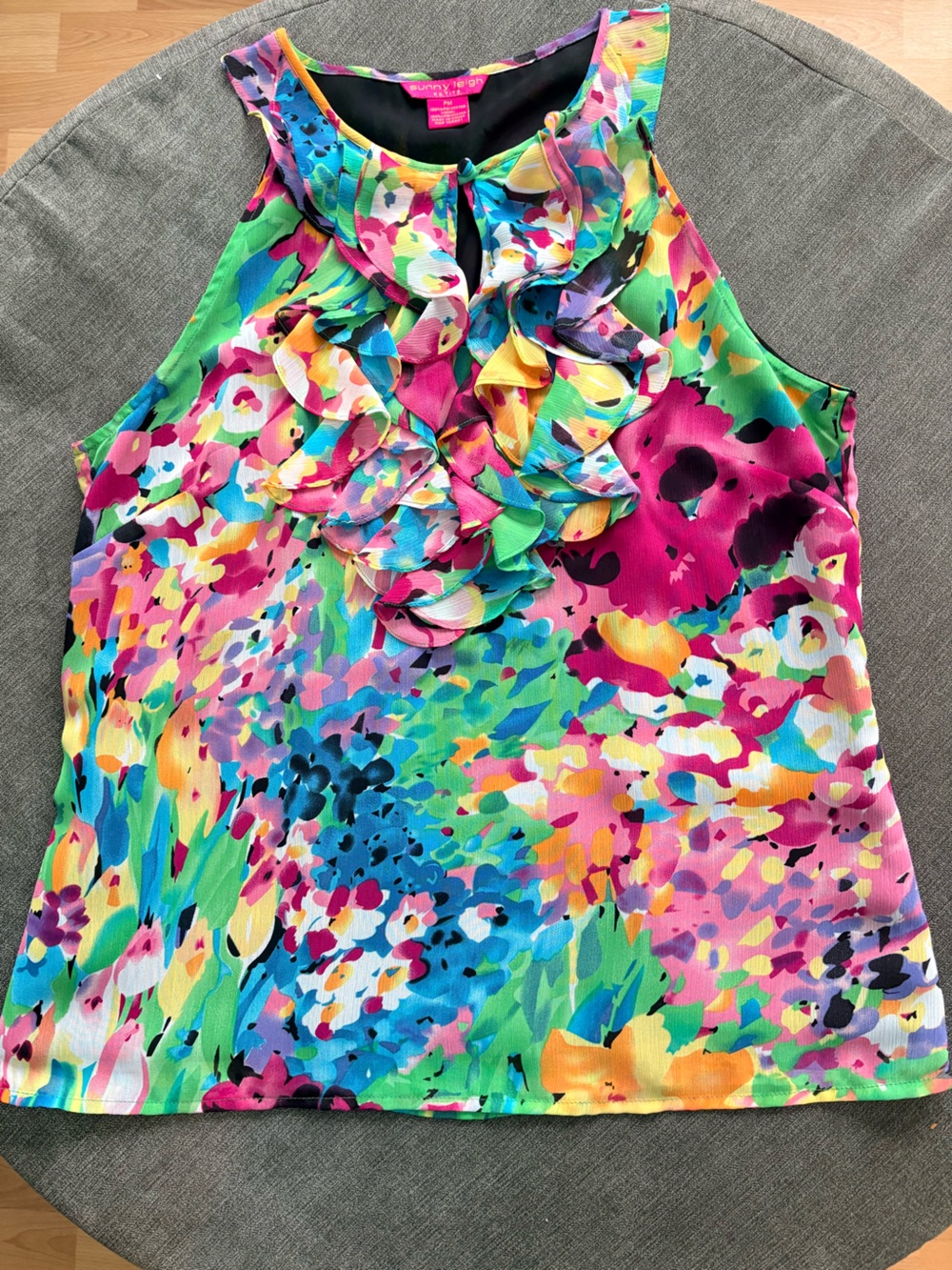 Sunny Leigh Floral Ruffle Sleeveless Top — Pink, Green, Blue, Yellow